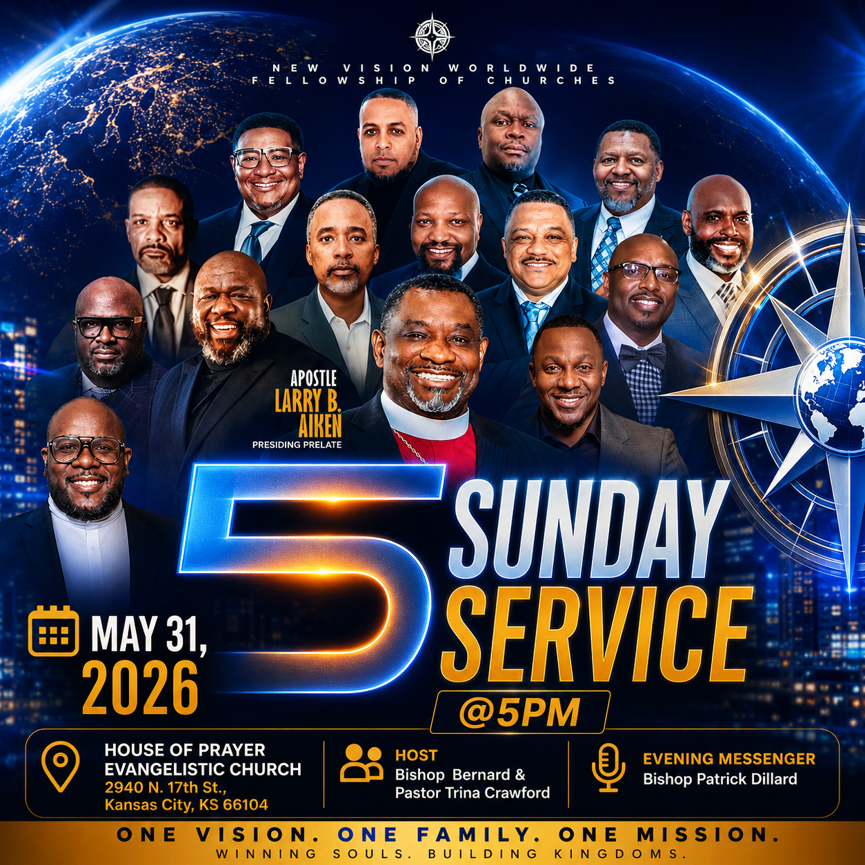 5th Sunday Service flier, May 31, 2026 at 5 PM, House of Prayer Evangelistic Church, Kansas City, KS. Host: Bishop Bernard & Minister Felicia Smith. Evening Messenger: Bishop Patrick Dillard.